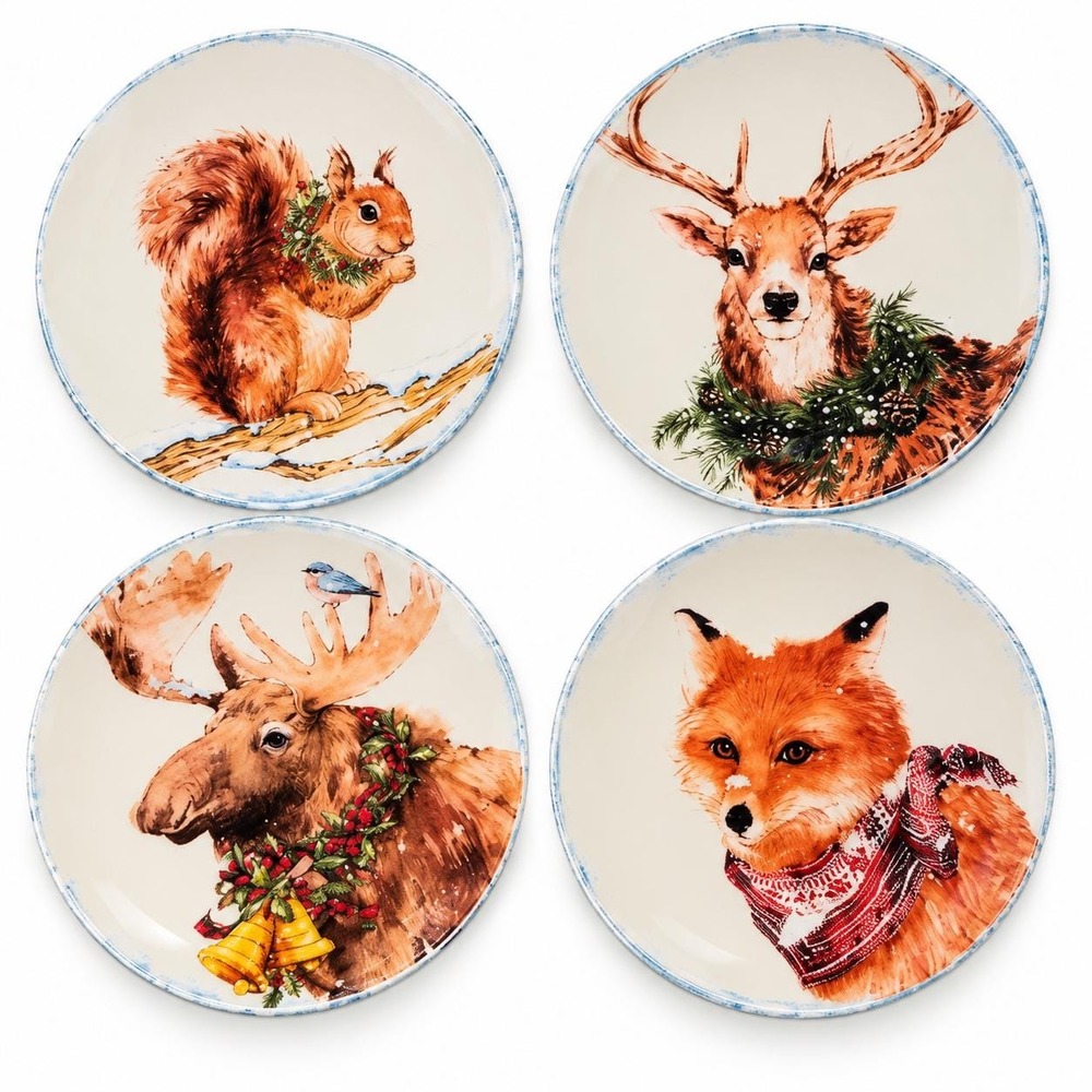 World Market 6" Christmas Woodland Animal Plates Set 4 Deer Moose Fox Squirrel